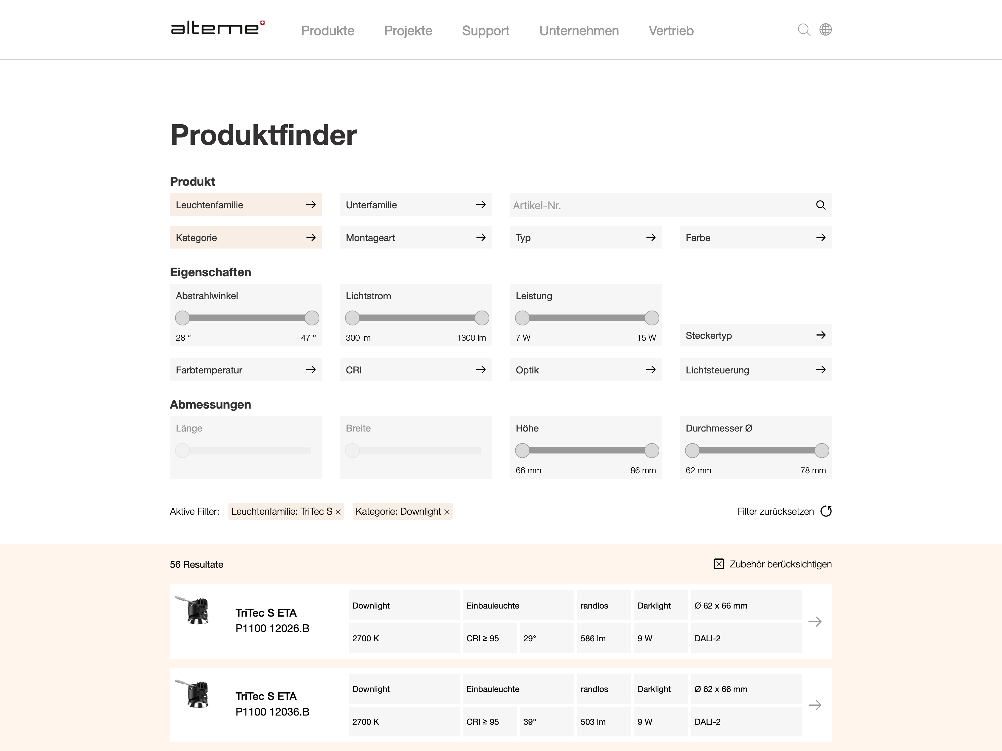 Alteme Licht AG: Screenshot der Website - Produktfinder
