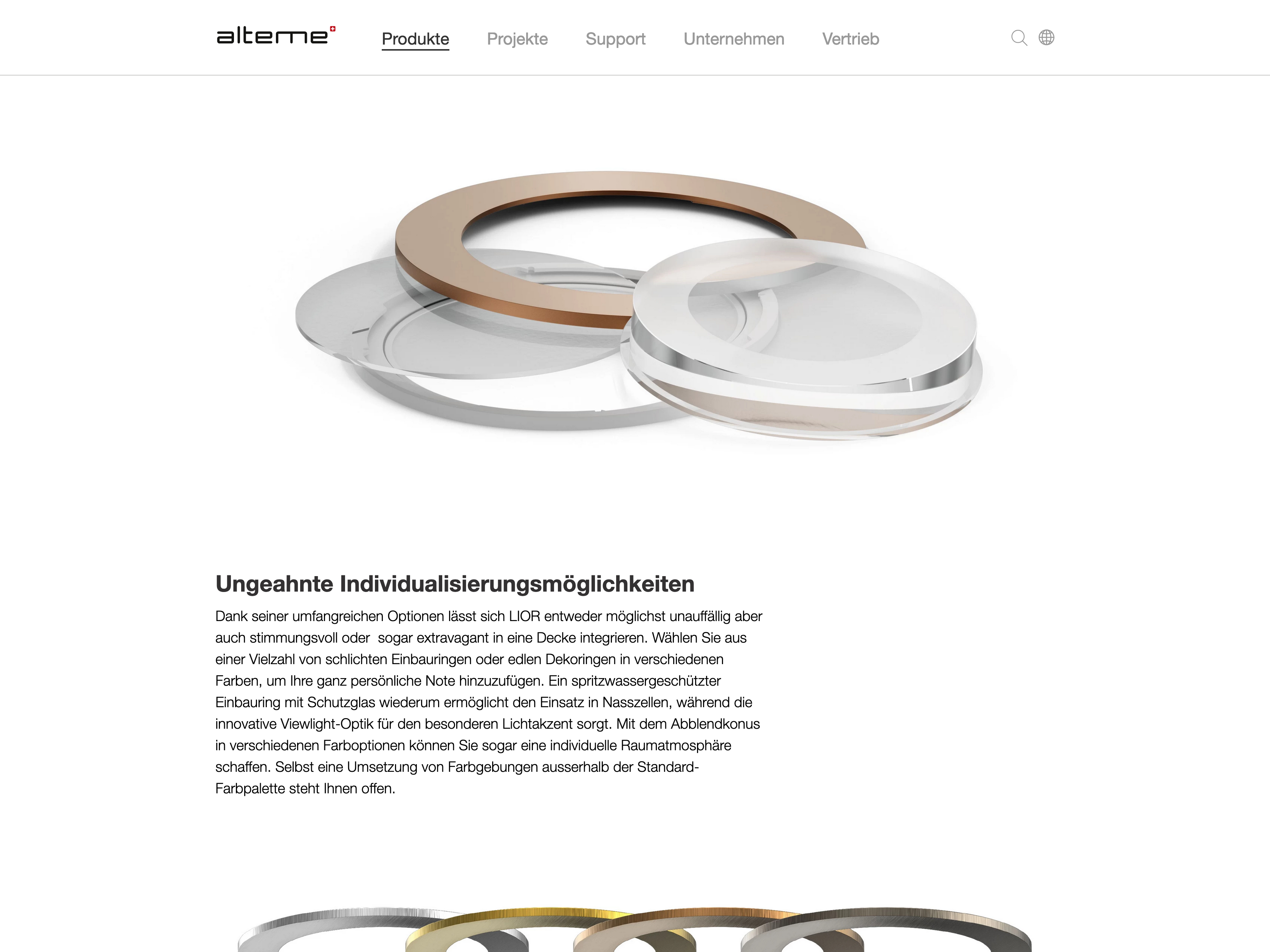 Alteme Licht AG: Screenshot der Website - Ungeahnte Individualisierungsmöglichkeiten