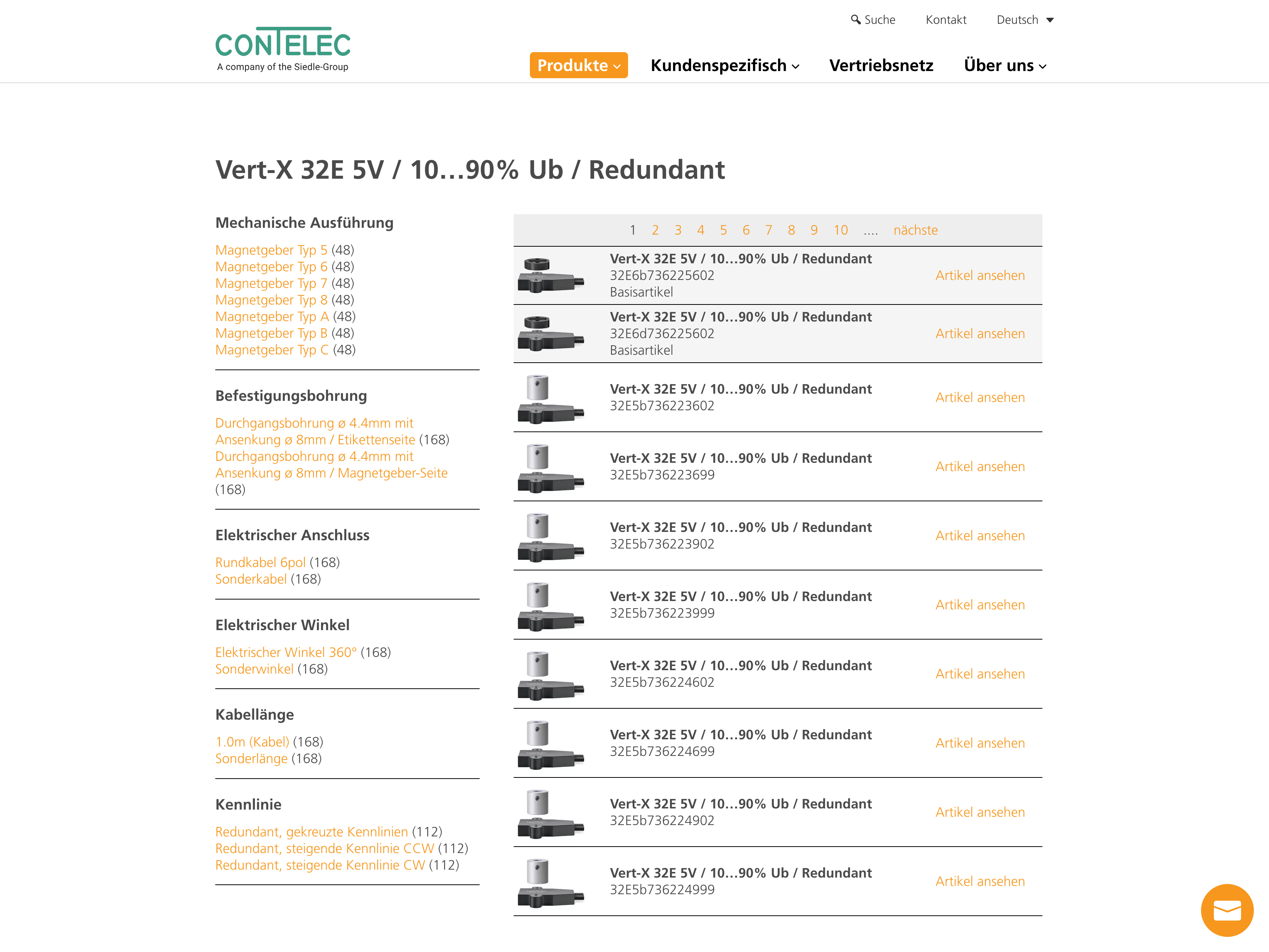 Contelec AG: Screenshot der Website - Produktfinder