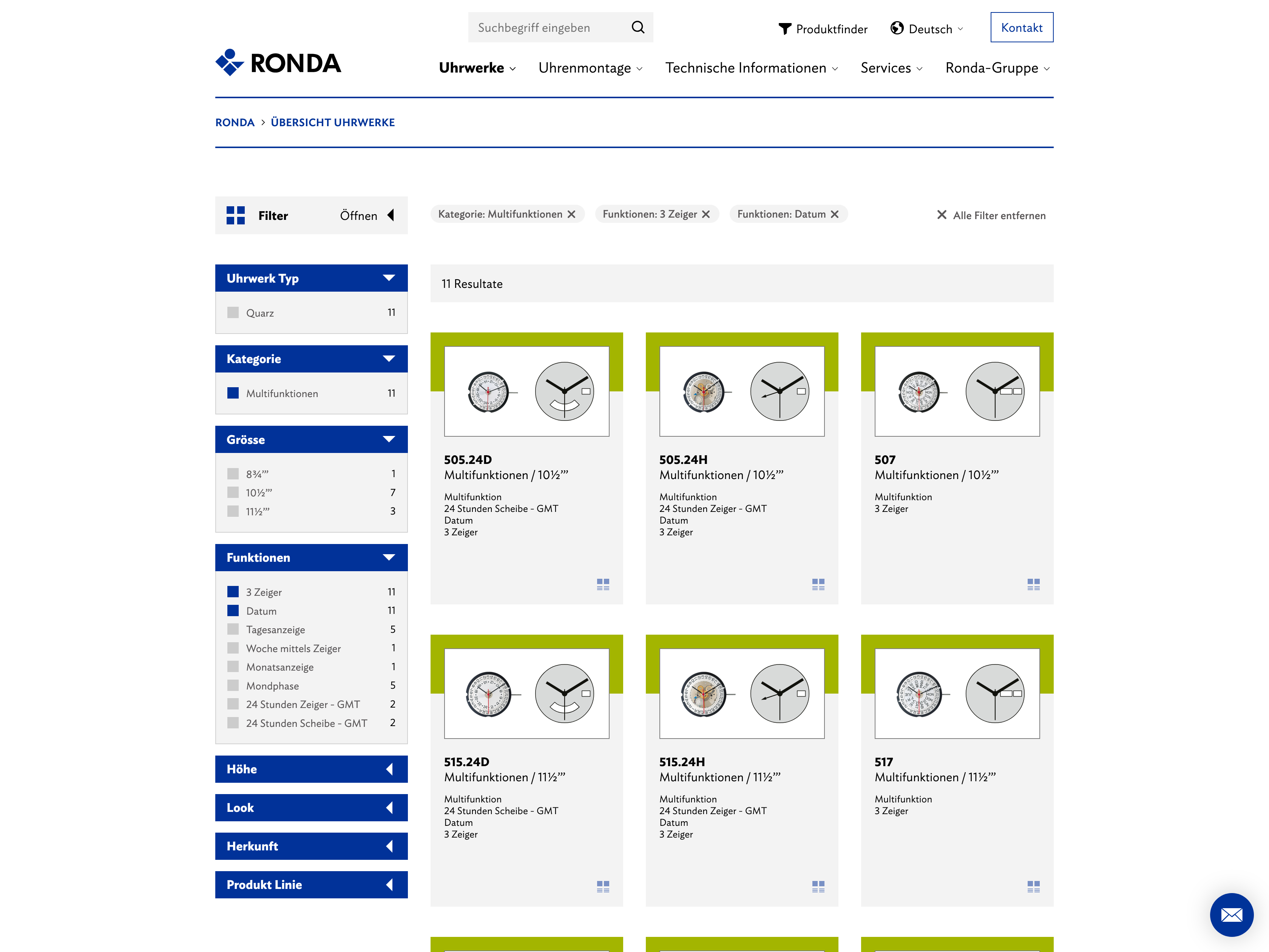 Ronda AG: Screenshot der Website - Produktfinder