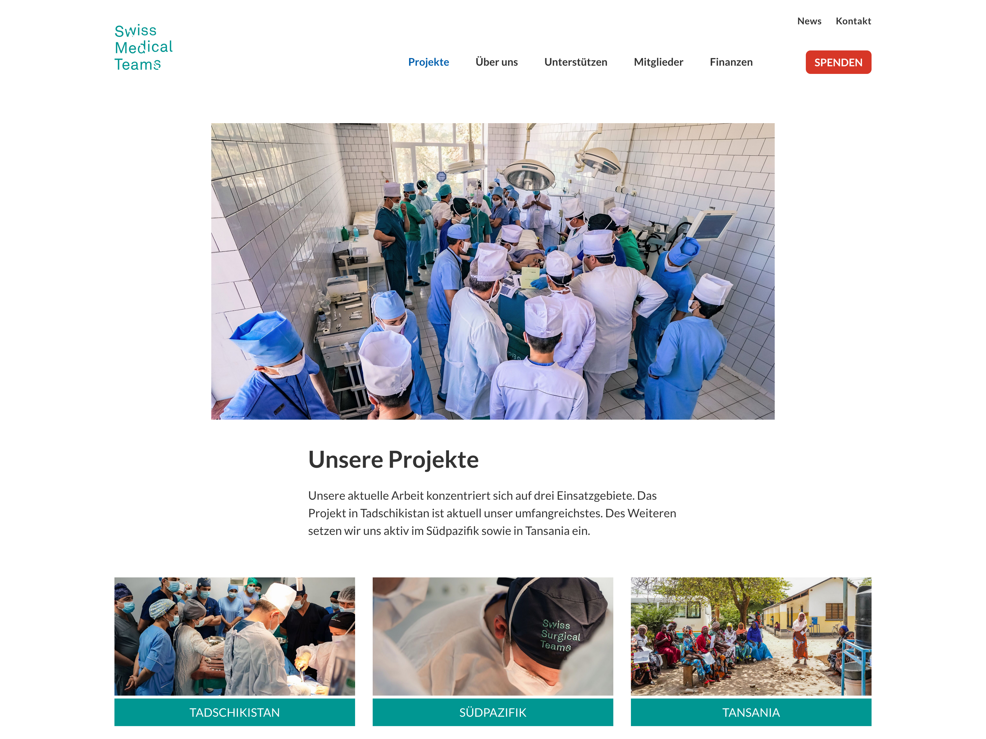 Swiss Medical Teams: Scrteenshot der Website - Unsere Projekte