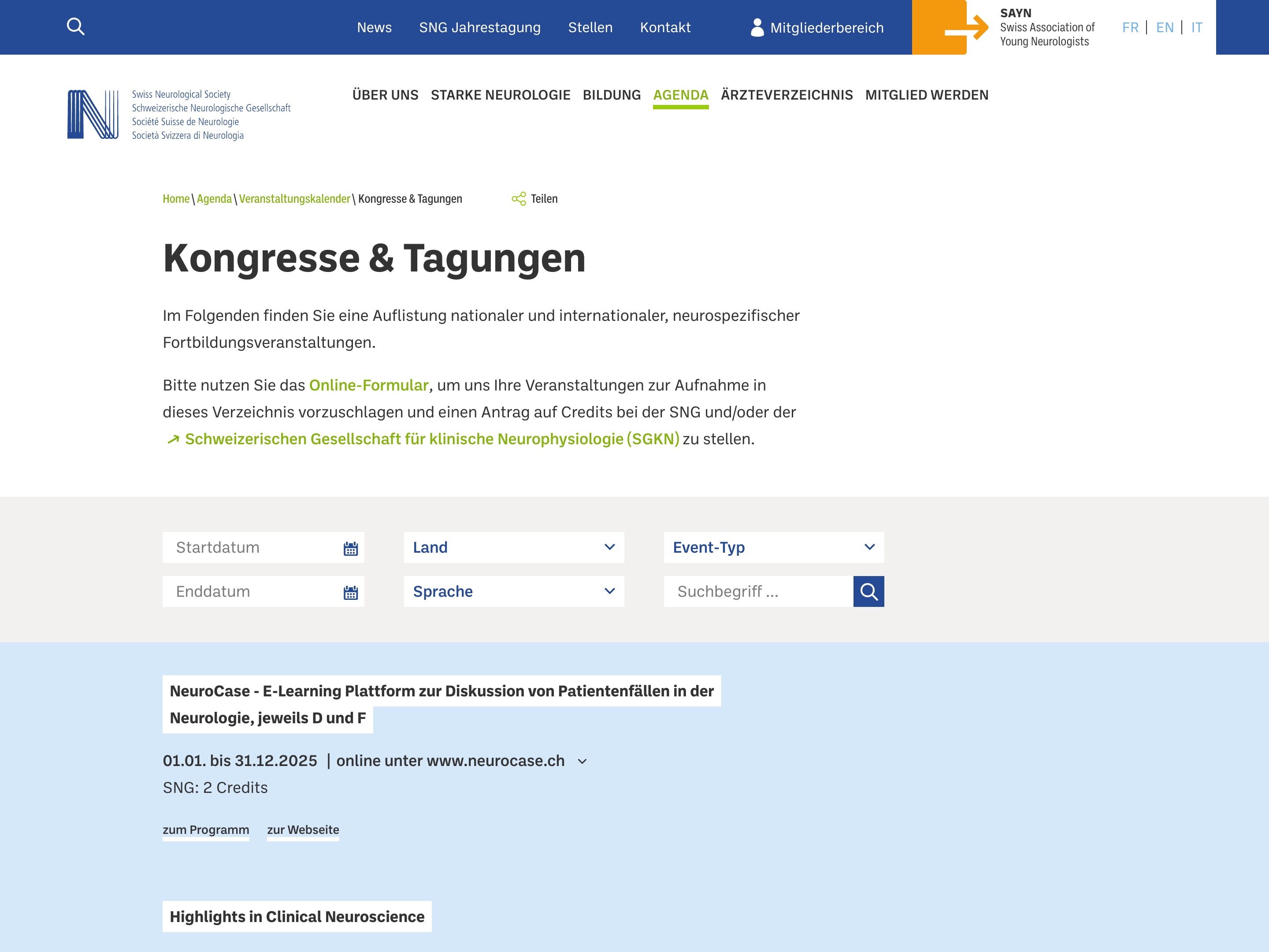 Swissneuro: Screenshot der Website