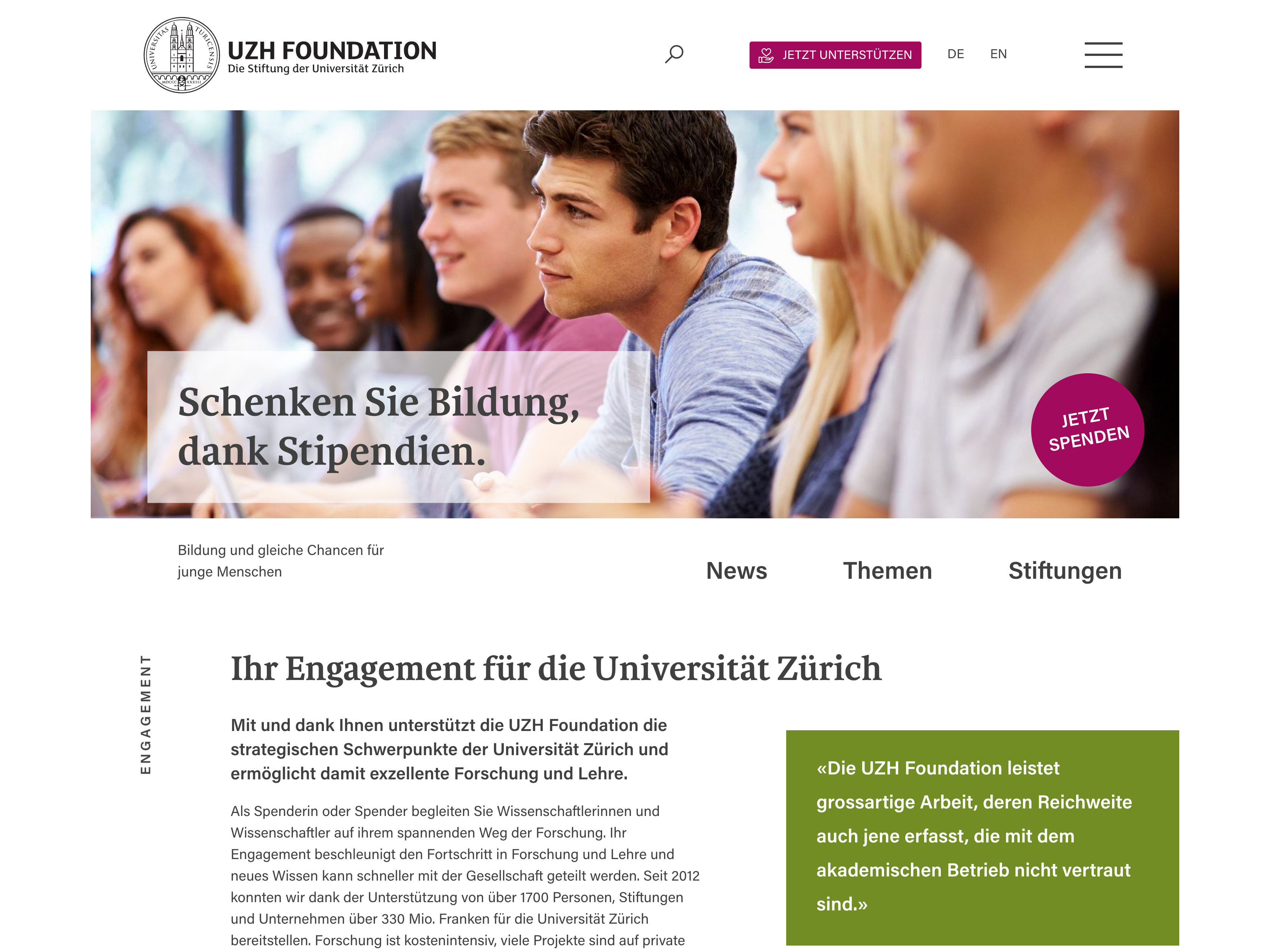 UZH Foundation: Screenshot der Homepage – Bildung schenken dank Stipendien