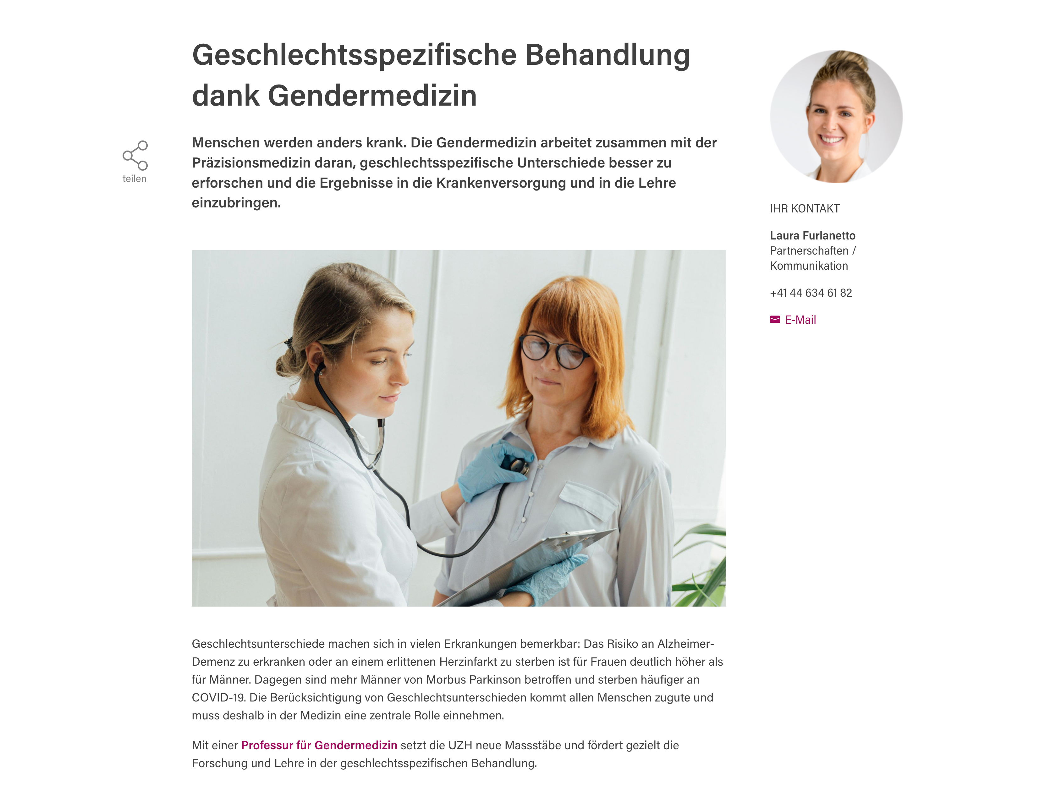 UZH Foundation: Screenshot der Website – Geschlechtsspezifische Behandlung dank Gendermedizin