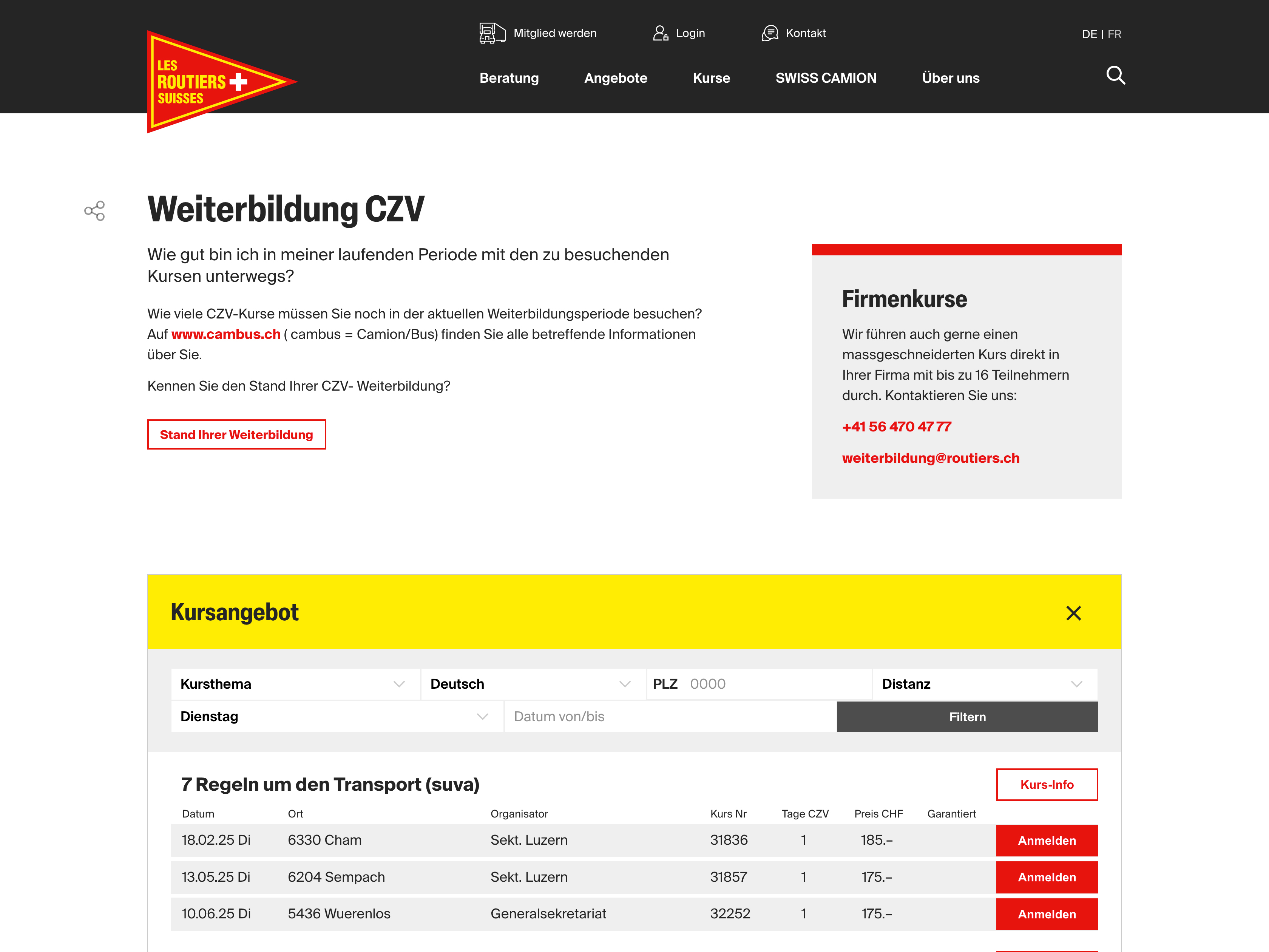 Les Routiers Suisses: Screenshot Kurse